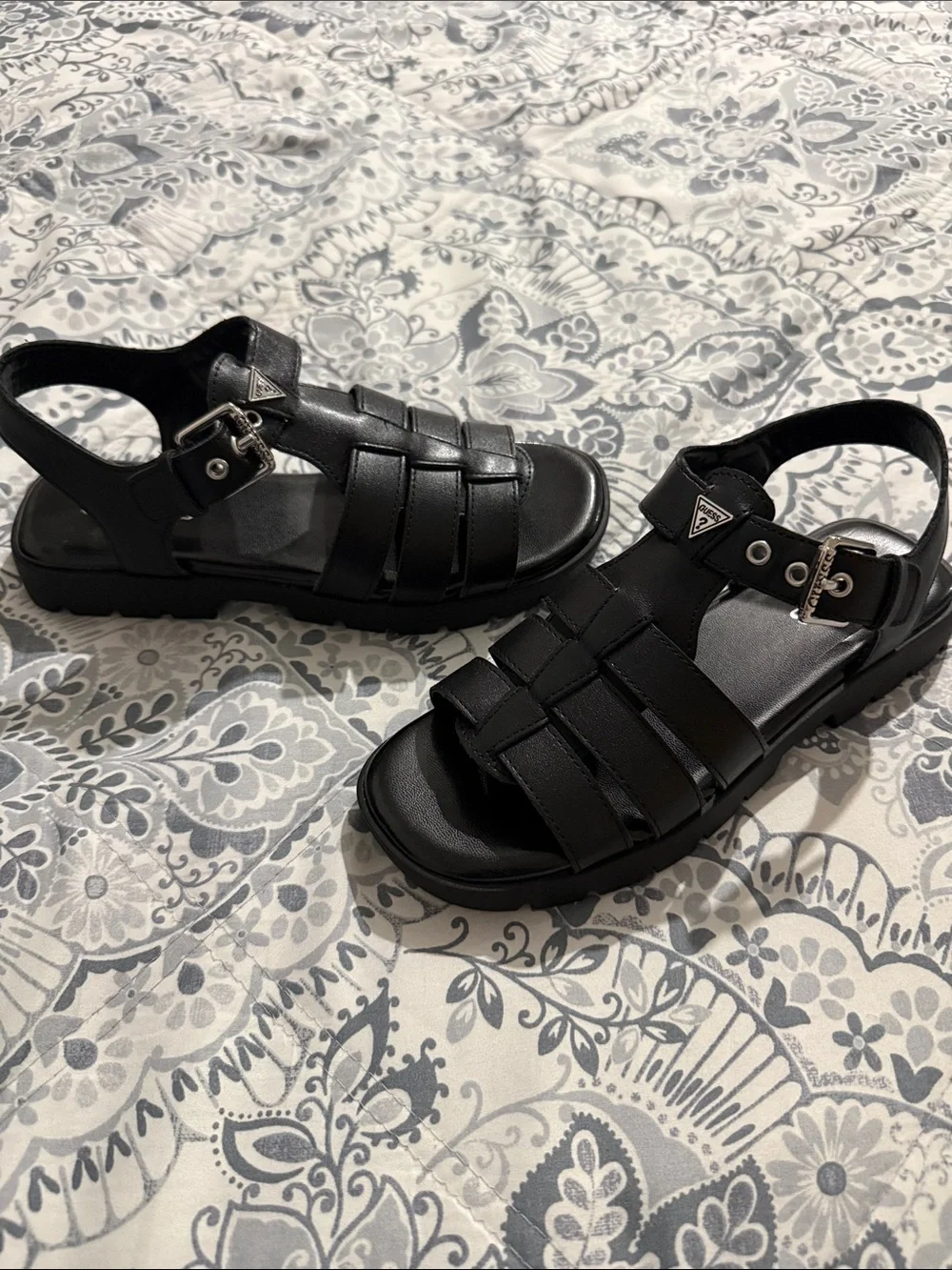 Guess Black Woven-Strap Buckle Sandals